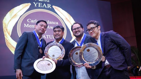 The 72nd Carlos Palanca Memorial Awards for Literature Hall of Fame awardees. (L-R) Mikael De Lara Co, Eros Sanchez Atalia, Miguel Antonio Alfredo V. Luarca, and Joshua Lim So. The awarding ceremony was held at the Philippine International Convention Center in Manila. (Photo courtesy of CID Communication)