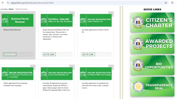 Screenshots of Cagayan de Oro City's online services page, which can be accessed through https://www.cagayandeoro.gov.ph/. (Photo courtesy of Cagayan de Oro LGU)