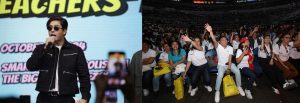 (Left photo) BDONB brand ambassador and award winning actor Coco Martin wows the crowd with one of his song numbers during the World Teacher’s Day celebration, as public school teachers (right photo) enjoy the show. (Photo courtesy of CID Communication)